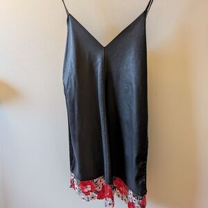 Black Satin Slip Dress with Floral Hem